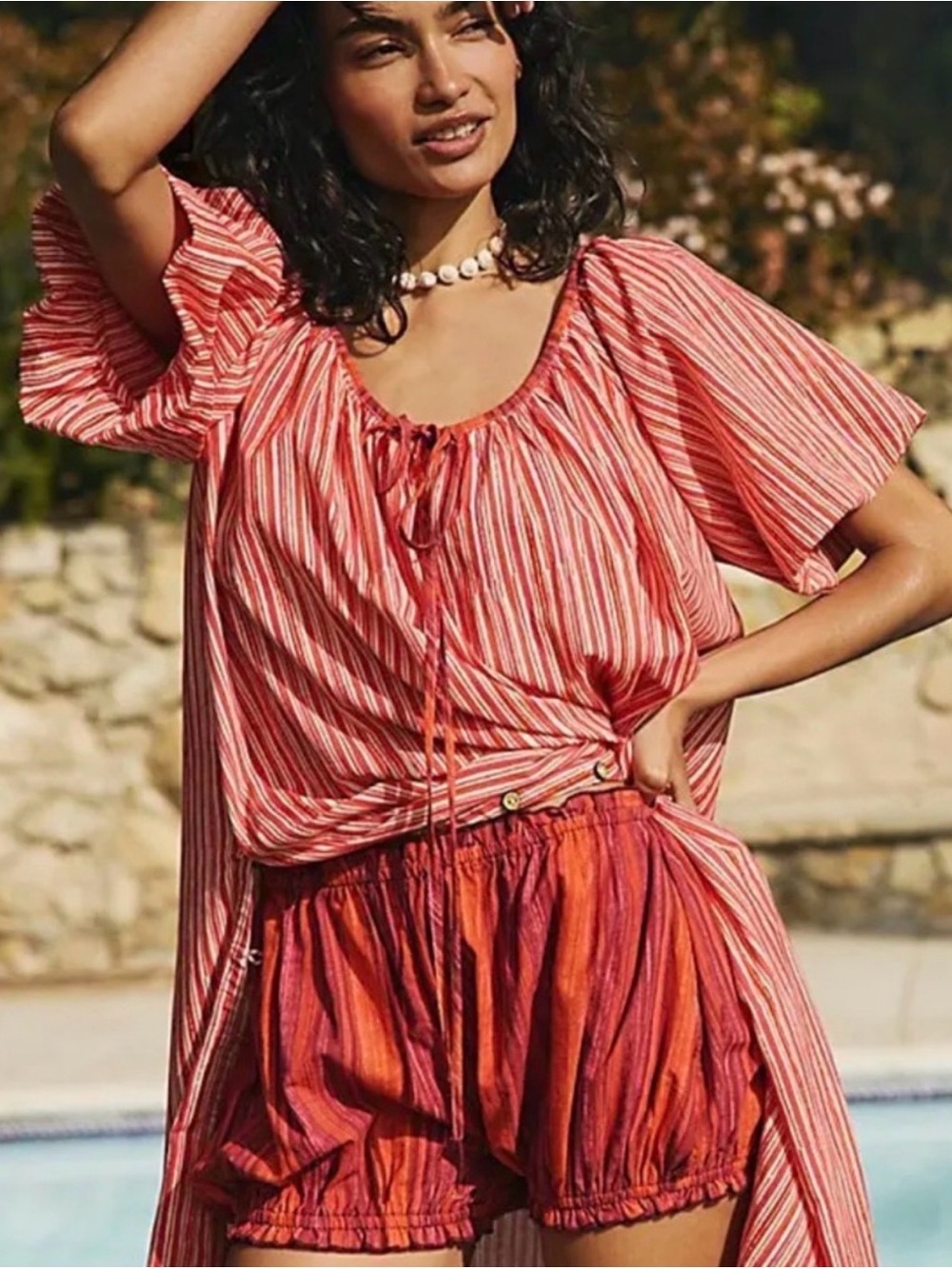 Free People Striped Red & Pink Peasant Tunic